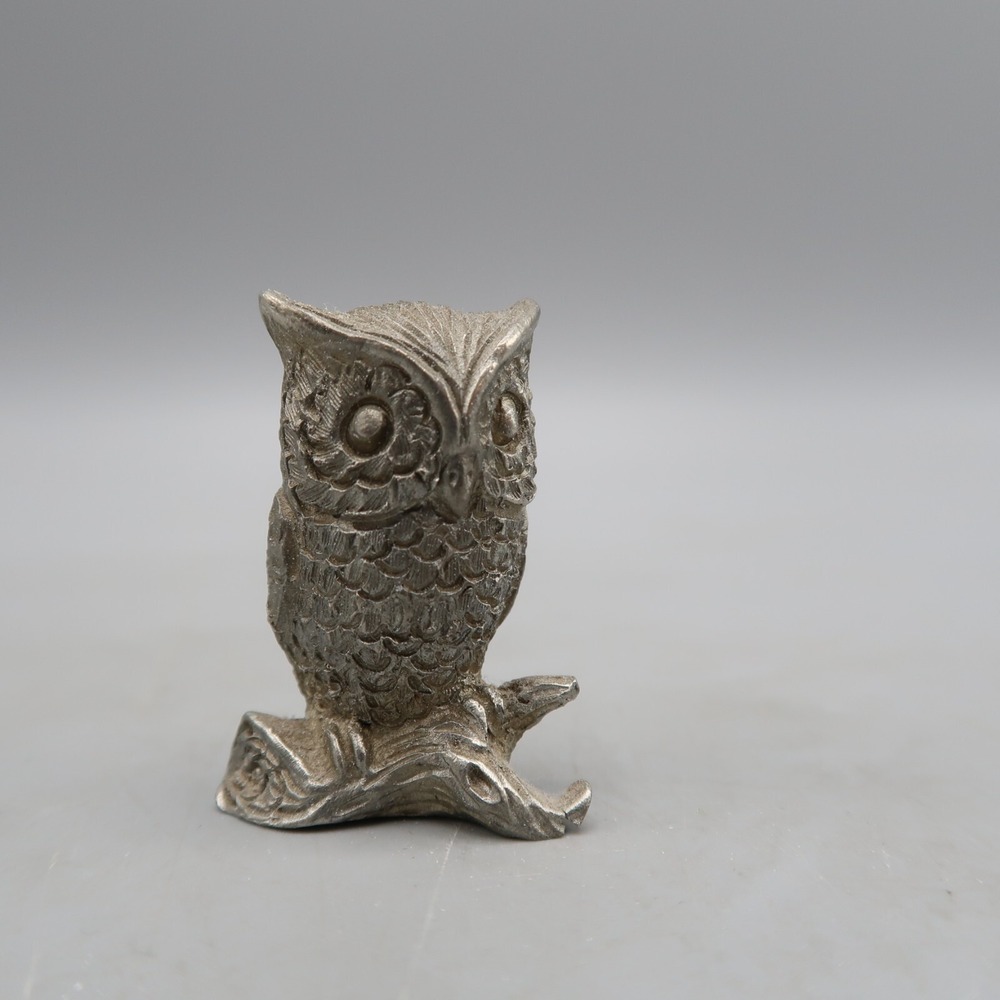 Vintage Pewter Mini Owl On Log Silver Figurine 1.5 inch